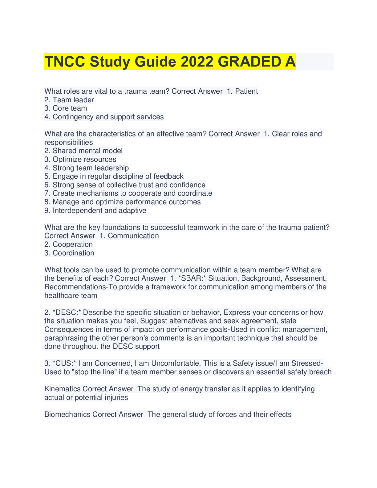 TNCC FULL SOLUTION PACK(ALL TNCC EXAMS AND STUDY QUESTIONS ARE HERE